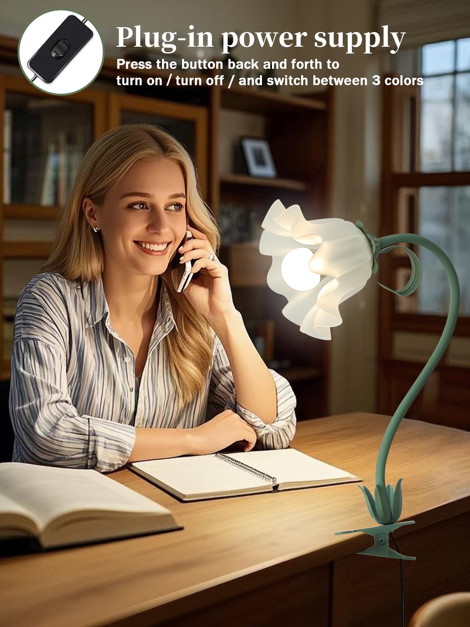 WULCFCH flower clip lamp clipped to a surface for focused study light