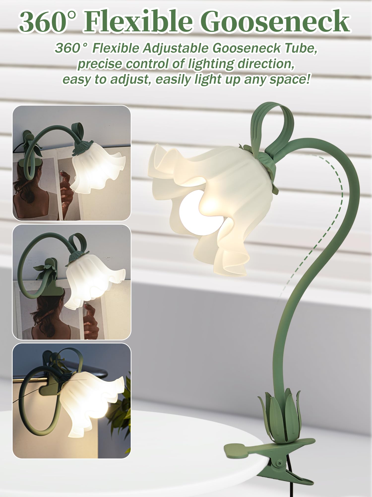 WULCFCH flower clip lamp showing three color modes for different tasks