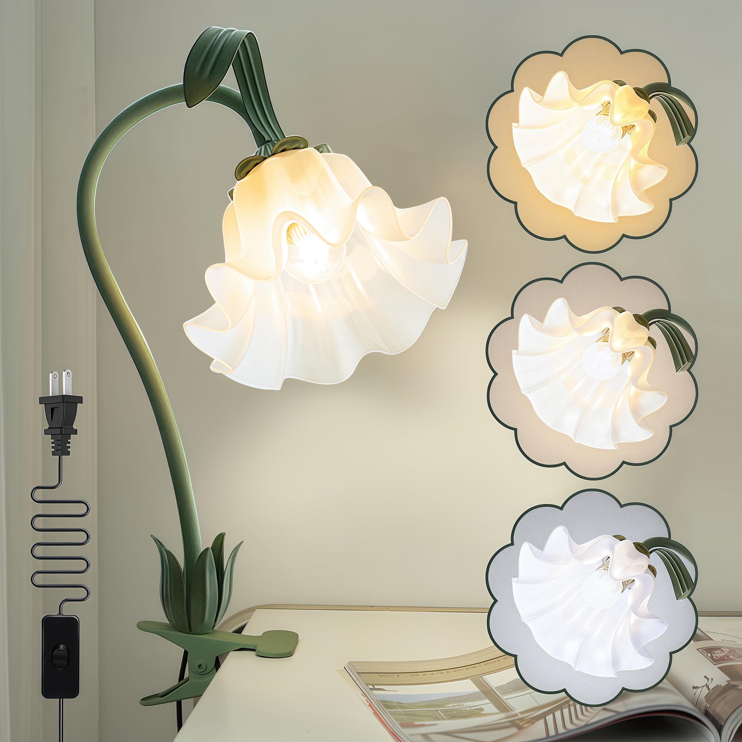 WULCFCH flower clip lamp on a desk setup providing a warm task light for reading
