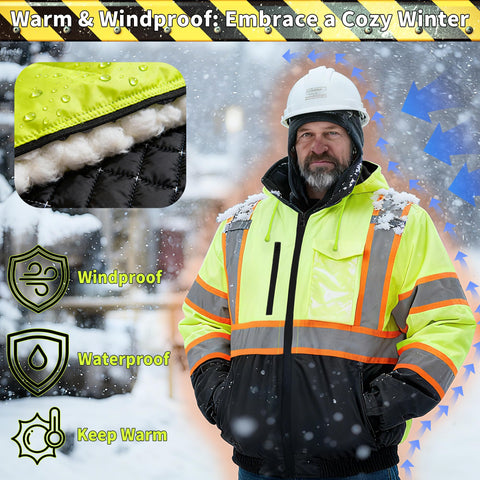 Wuple High Visibility Jacket adjustable cuffs and cinched waist seal out cold.