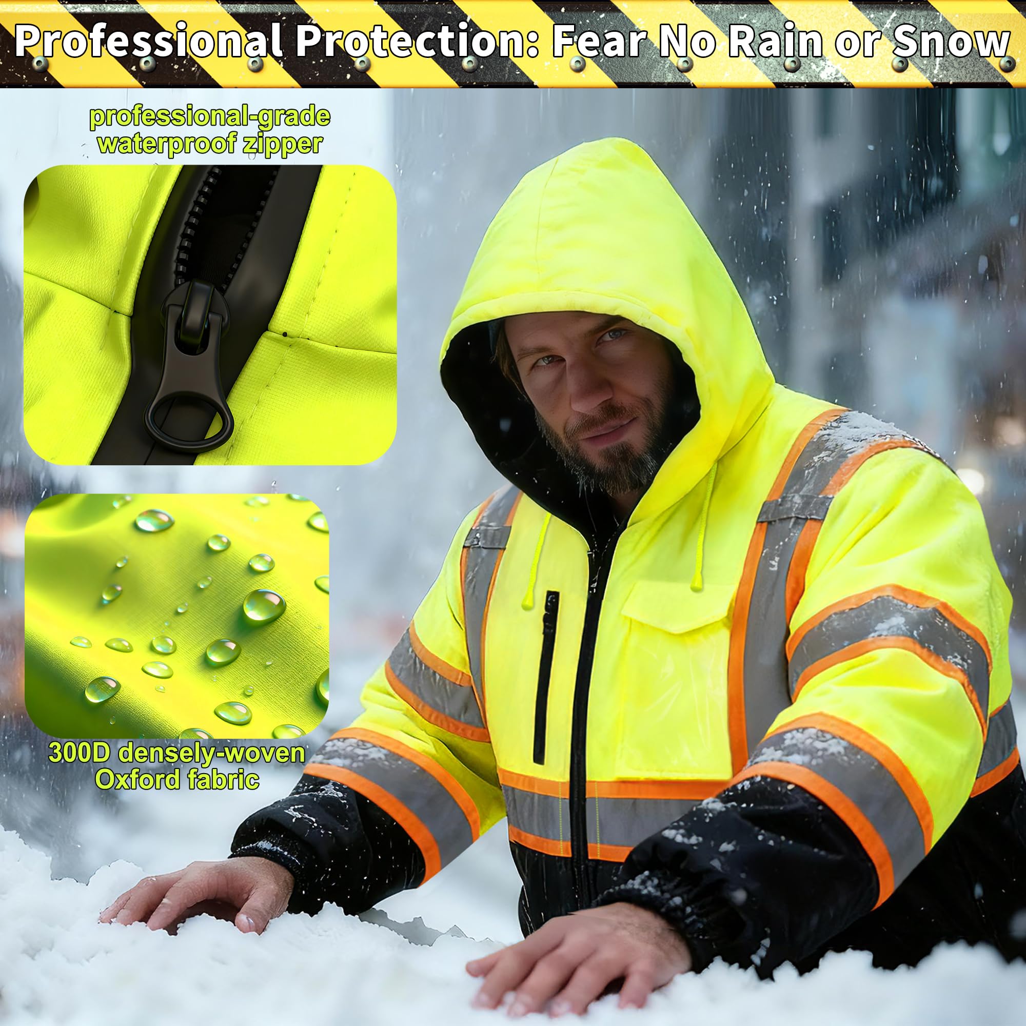 Wuple High Visibility Jacket waterproof zippers keep interior dry in rain.