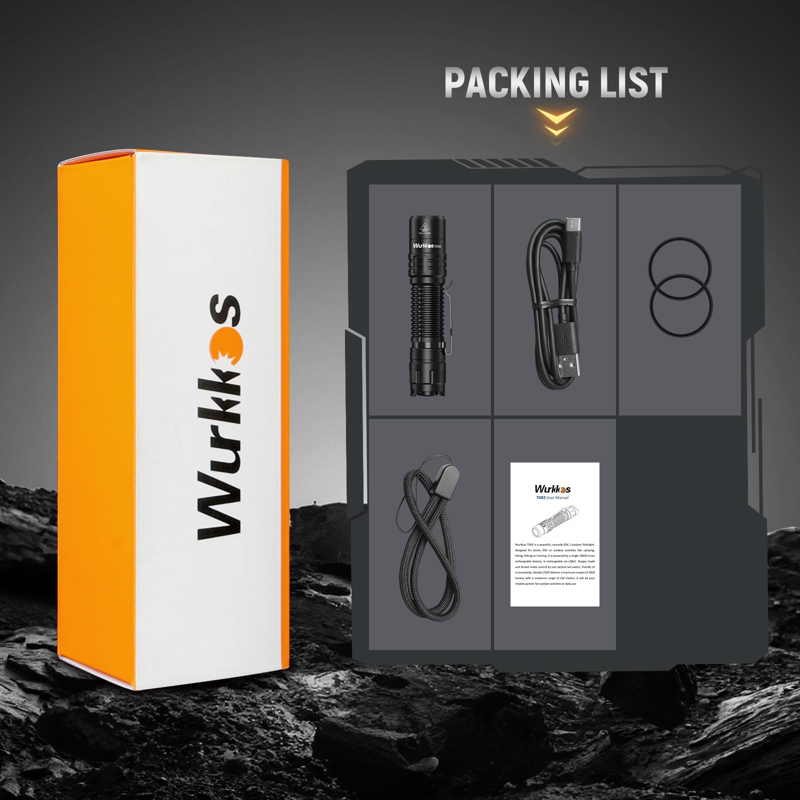 Wurkkos TD02 included lanyard and O-rings for maintenance.