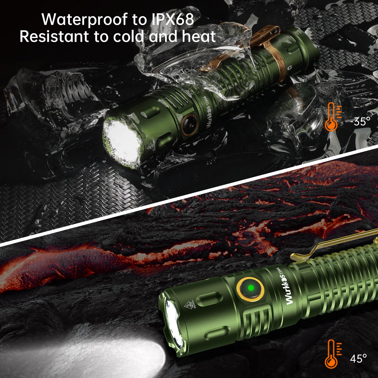 Wurkkos TD04 IP68 waterproof and 1.5m drop-tested durability.