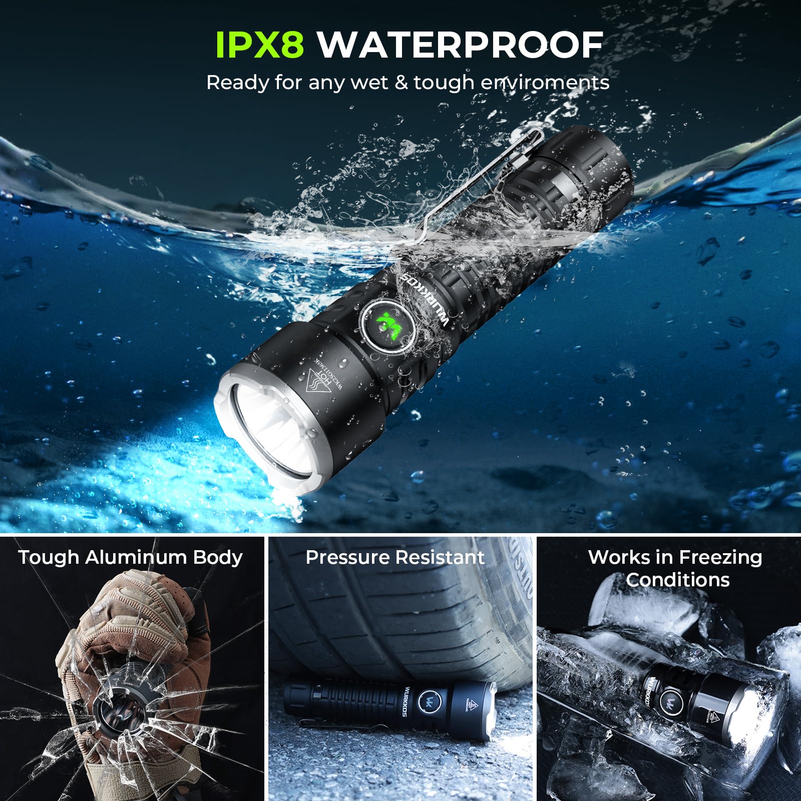 Wurkkos TS28 waterproof-durability shows IPX8 rating and impact resistance for harsh weather