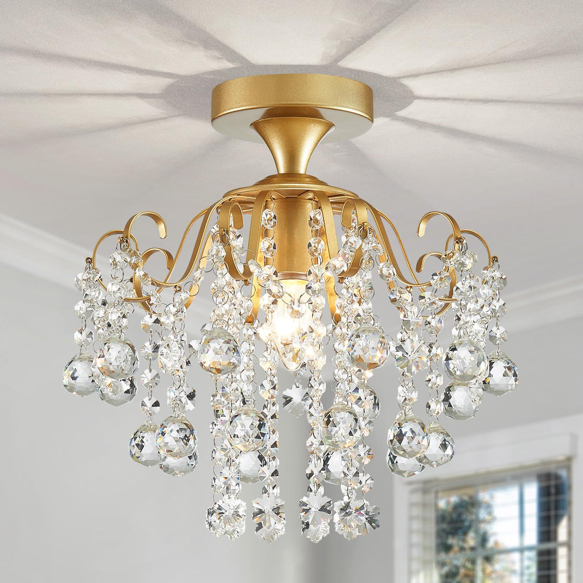 WUZUPS crystal chandelier flushmount gold close-up sparkles that elevate living room lighting
