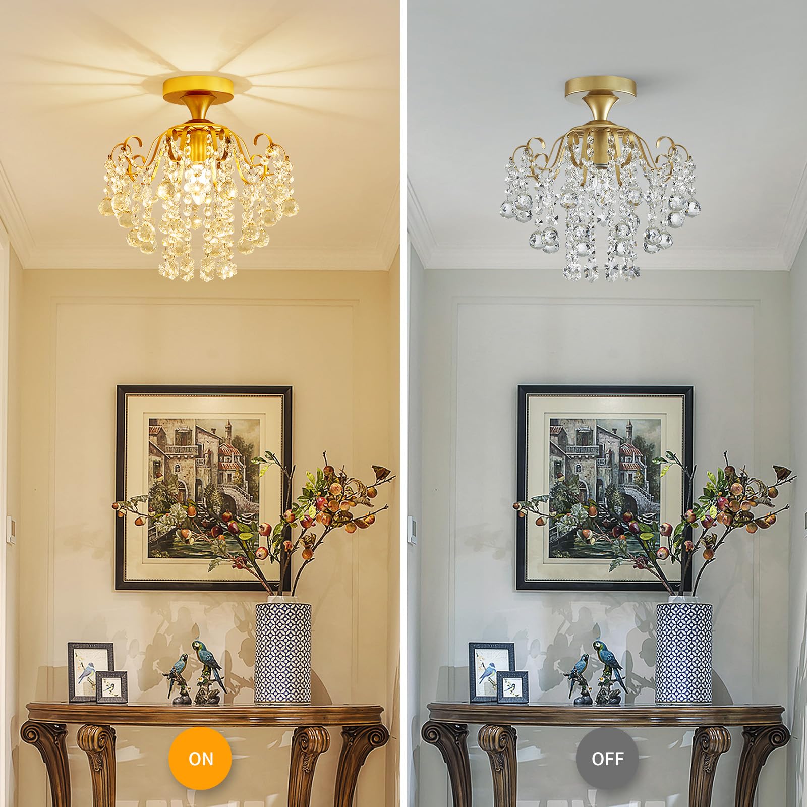 WUZUPS crystal chandelier flushmount gold bedroom setup with a soft glow