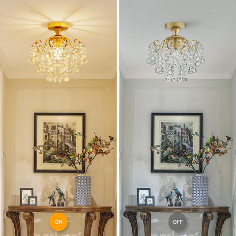 WUZUPS crystal chandelier flushmount gold bedroom setup with a soft glow