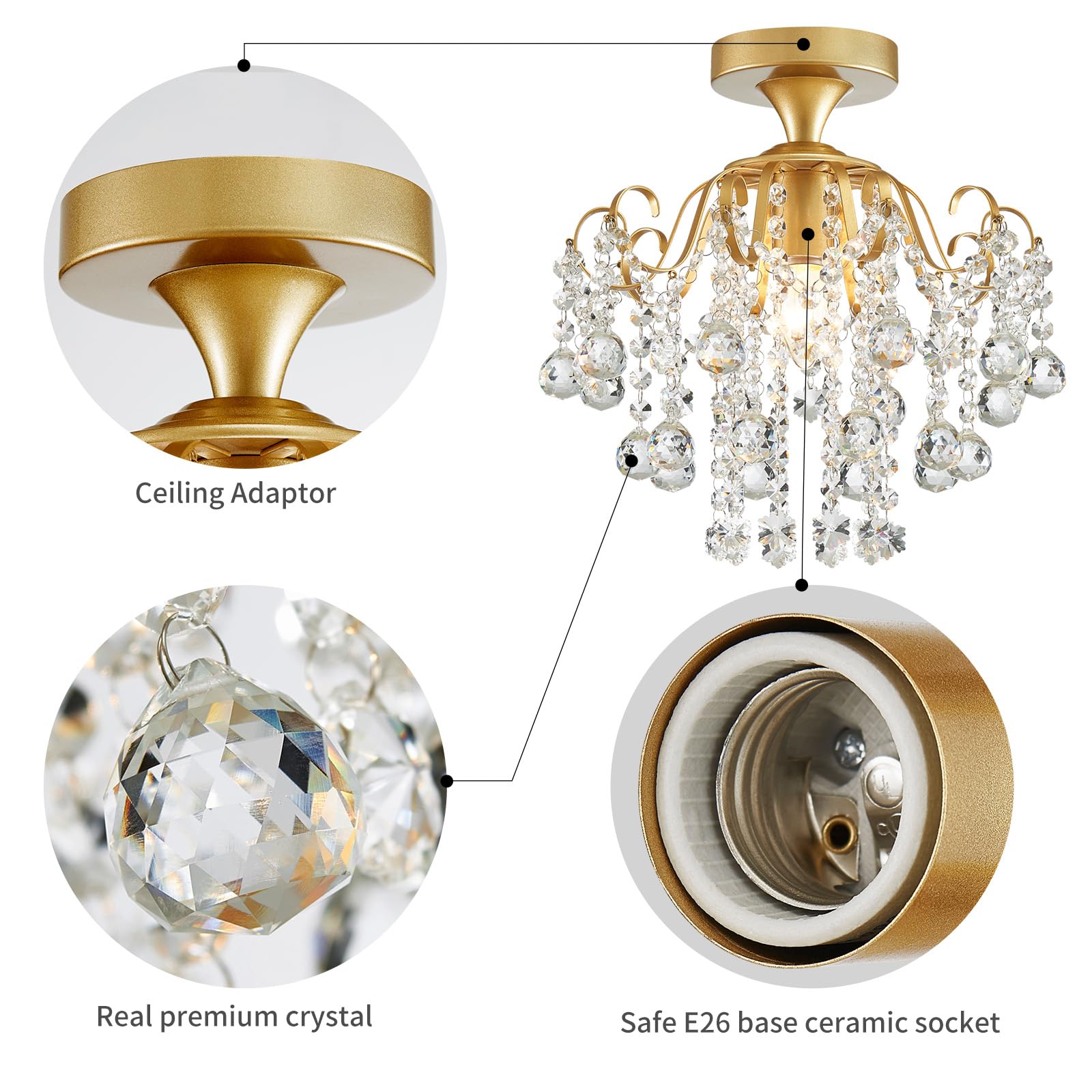 WUZUPS crystal chandelier flushmount gold living room scene, showcasing modern design