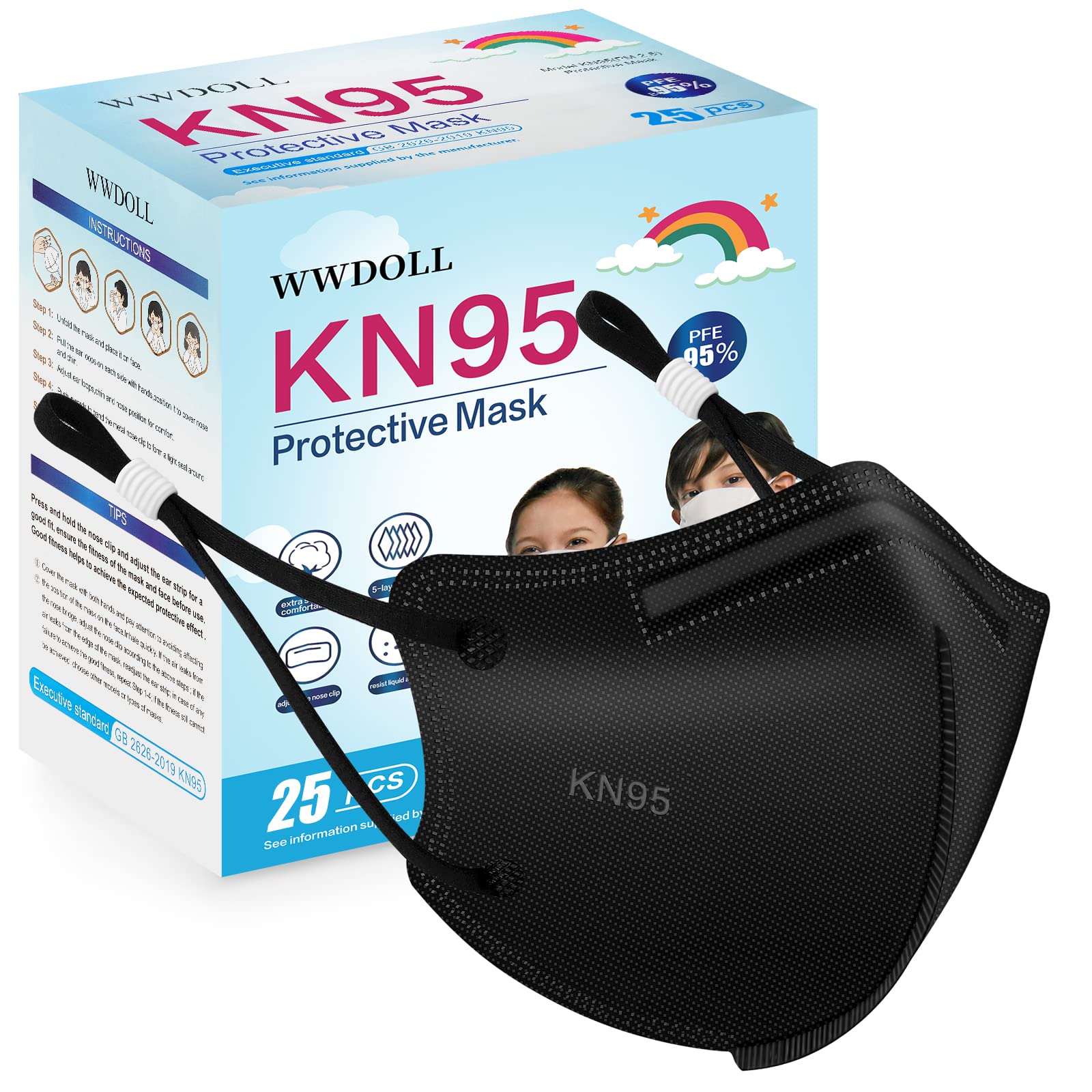 WWDOLL Kids KN95 mask with adjustable ear loops for a secure, comfortable fit on kids