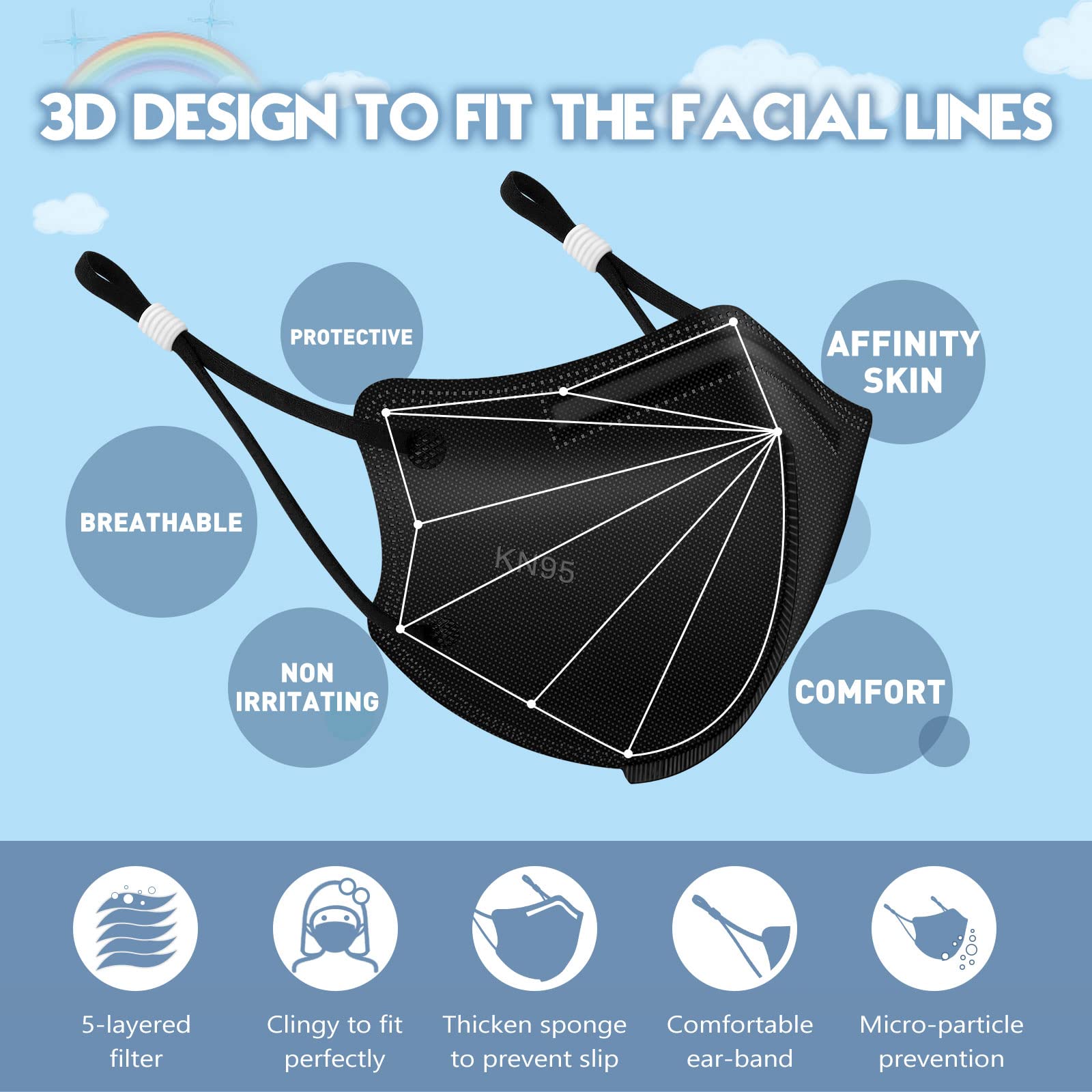 Adjustable ear loops and nose clip design on WWDOLL KN95 mask for kids