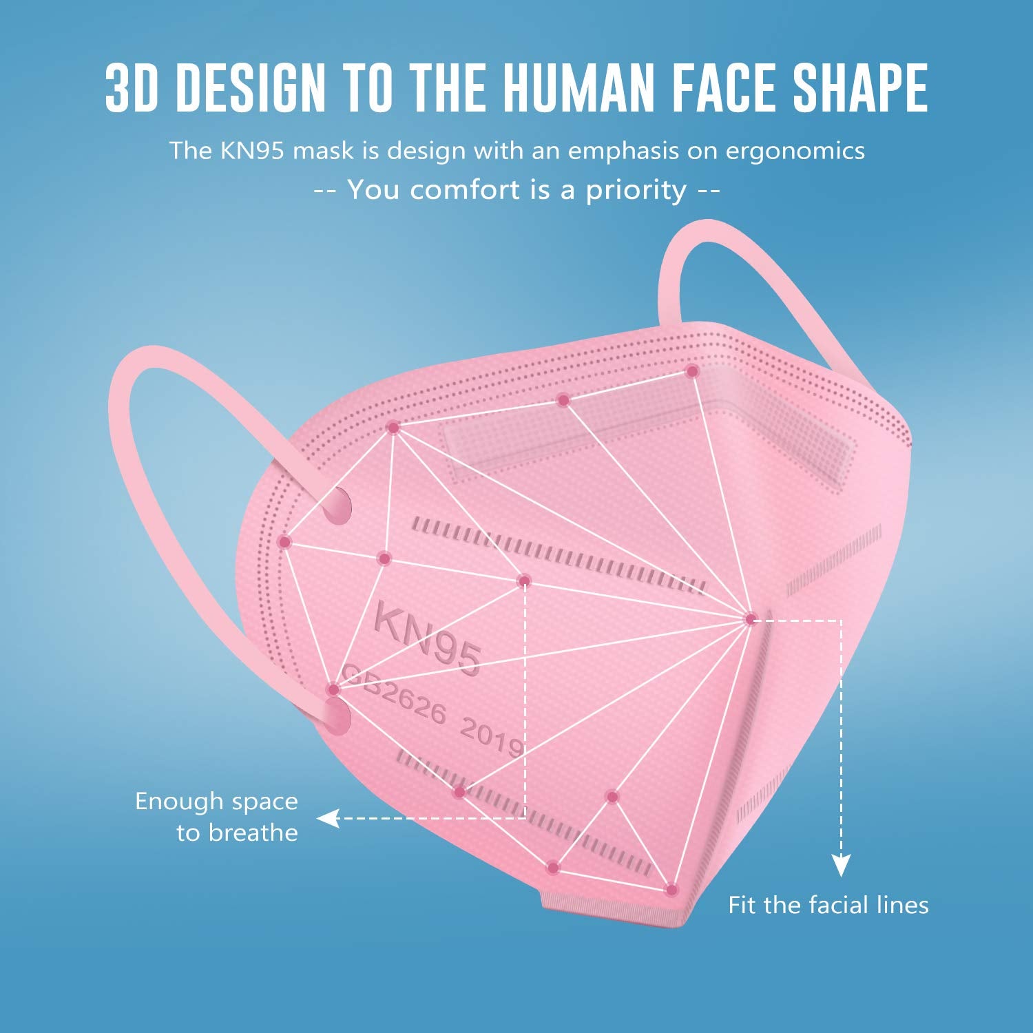 Close-up of outer layer on WWDOLL KN95 mask in pink for particle filtration