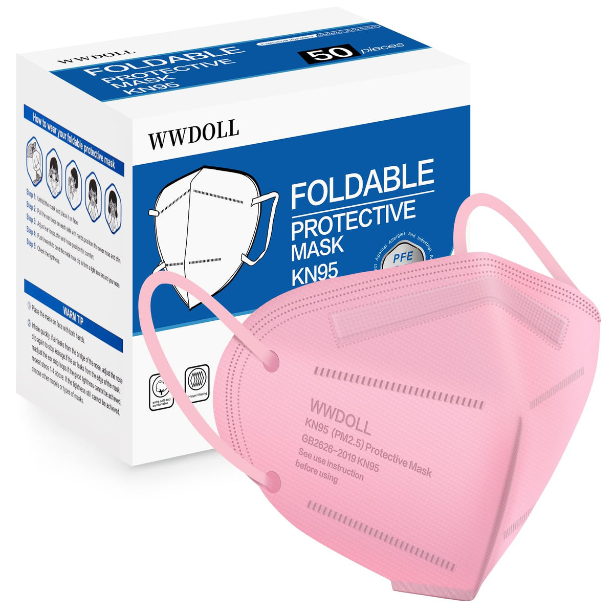 WWDOLL KN95 mask 5-layer packaging shows pink design for daily use