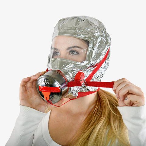 WWILKEN Fire Escape Mask hood front view showing compact emergency protection
