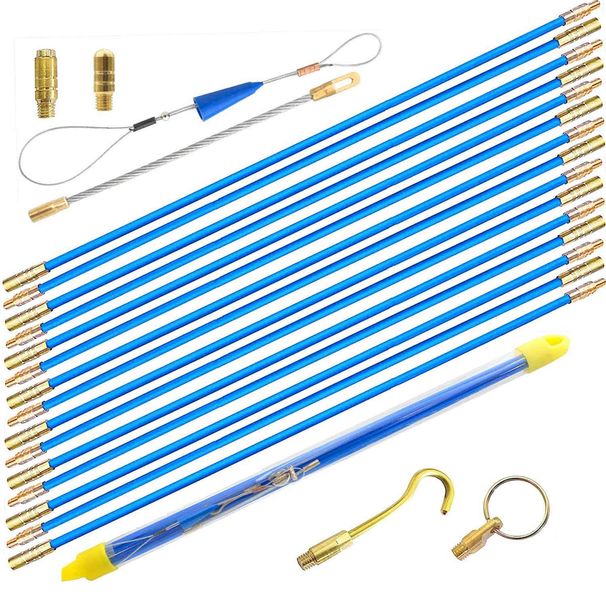 WXTOOLS 50ft fiberglass rod assembly demonstrates modular connectors for easy pulls.