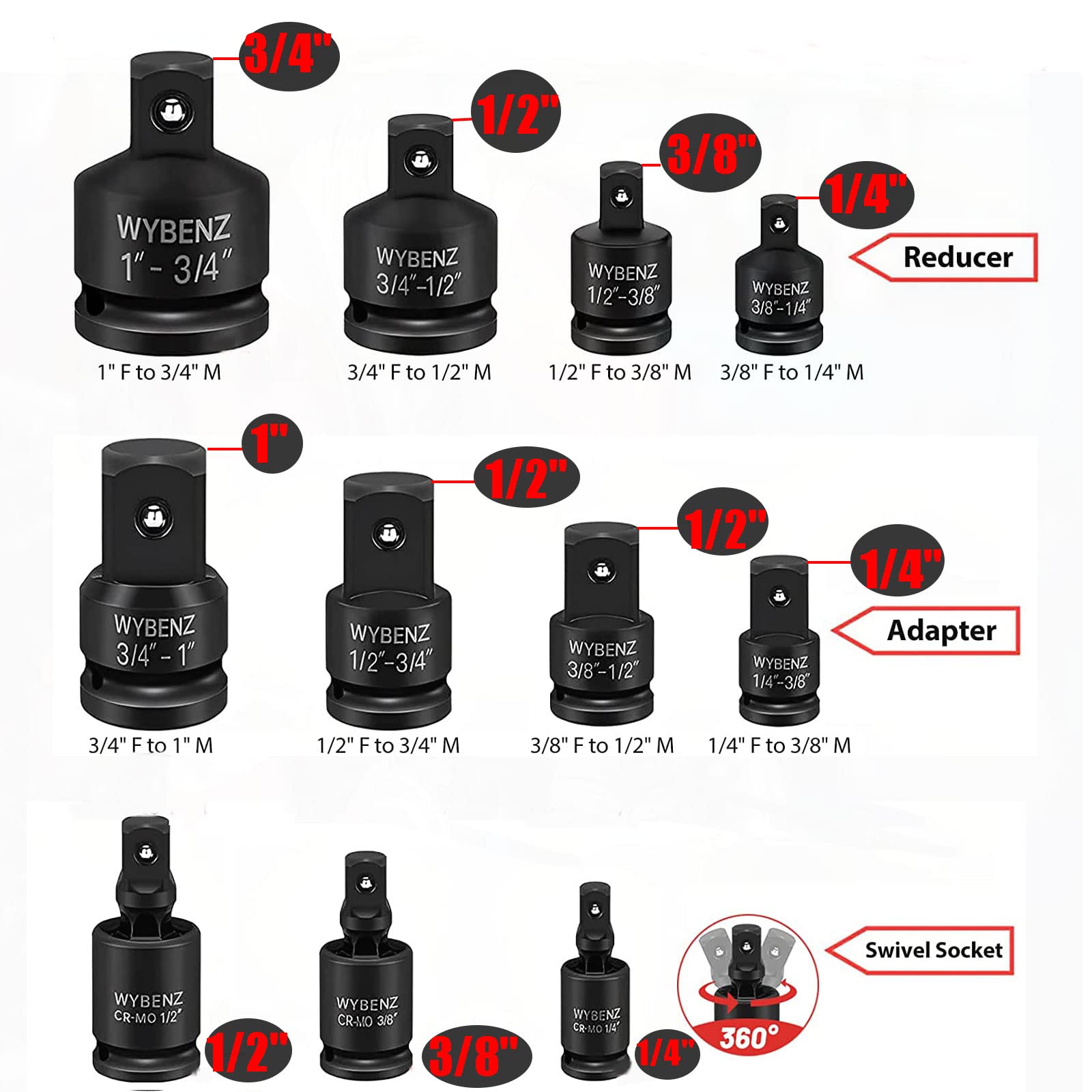 WYBENZ 11-Piece impact socket adapters with 1-2 to 3-8 reducer reach narrow spots during maintenance.