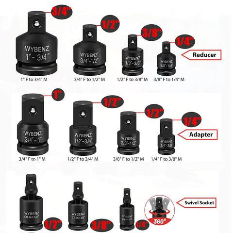 WYBENZ 11-Piece impact socket adapters with 1-2 to 3-8 reducer reach narrow spots during maintenance.
