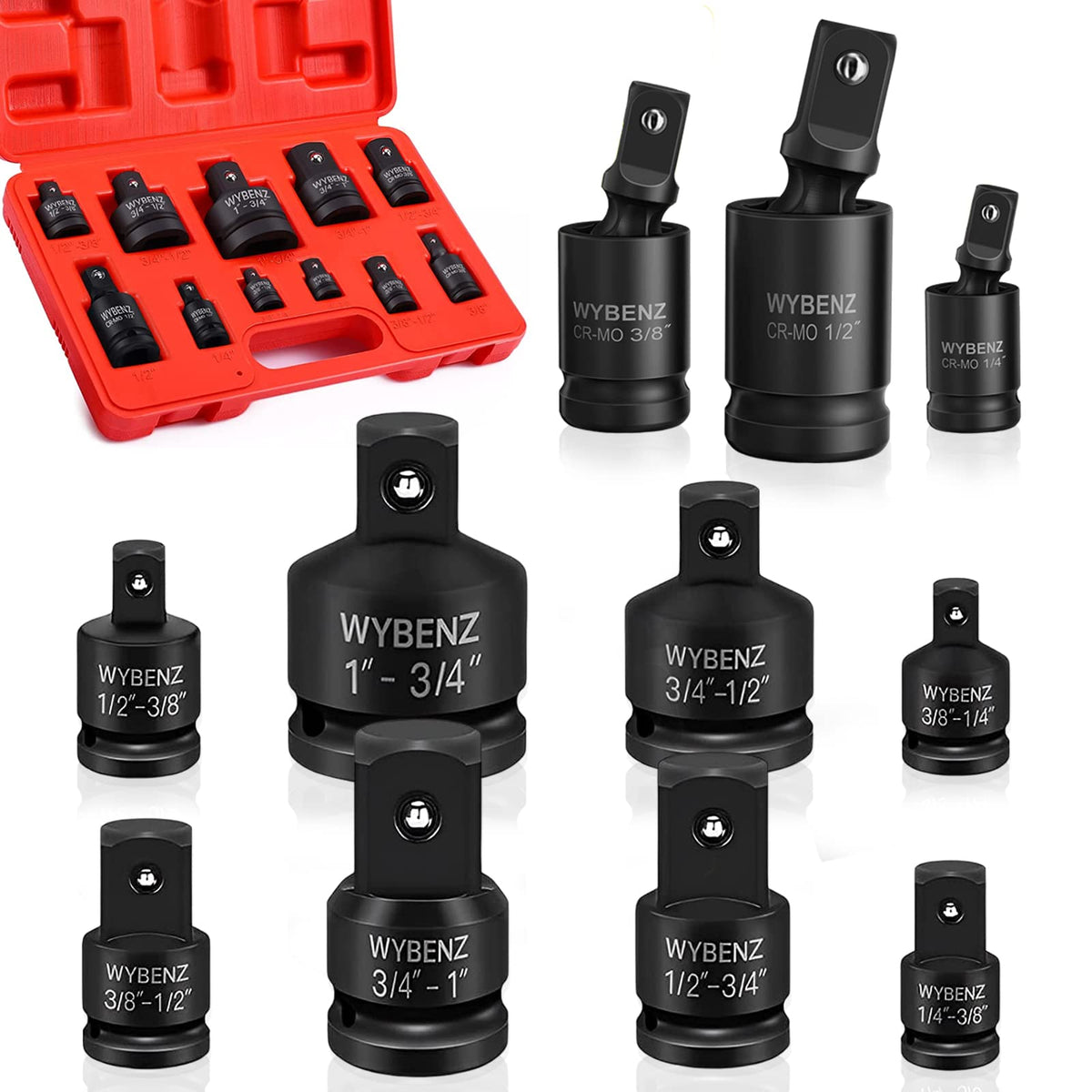 WYBENZ 11-Piece impact socket adapters show a 1-4 to 3-8 reducer for quick size changes in tight spaces.