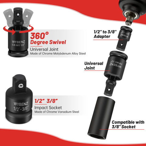 WYBENZ 11-Piece reducer 1 to 3-4 converts sockets for larger fasteners in projects.