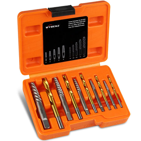 WYBENZ 14Pcs screw extractor set with left-hand bits in protective case for quick repairs.