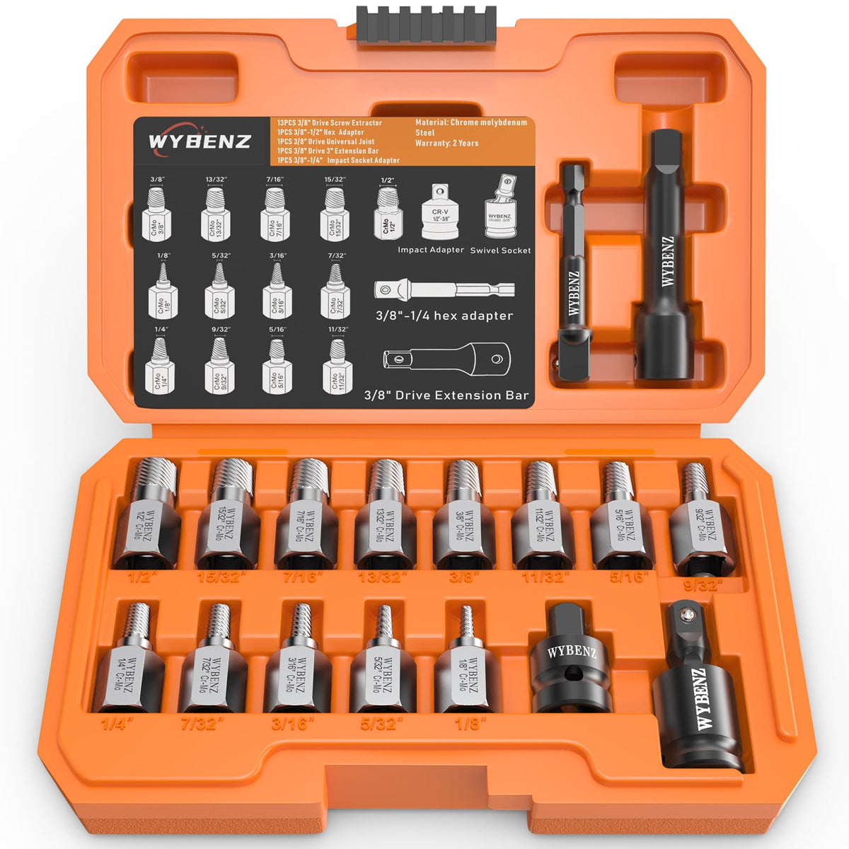 WYBENZ 17Pcs Screw Extractor Set front view highlights comprehensive kit for versatile repairs.