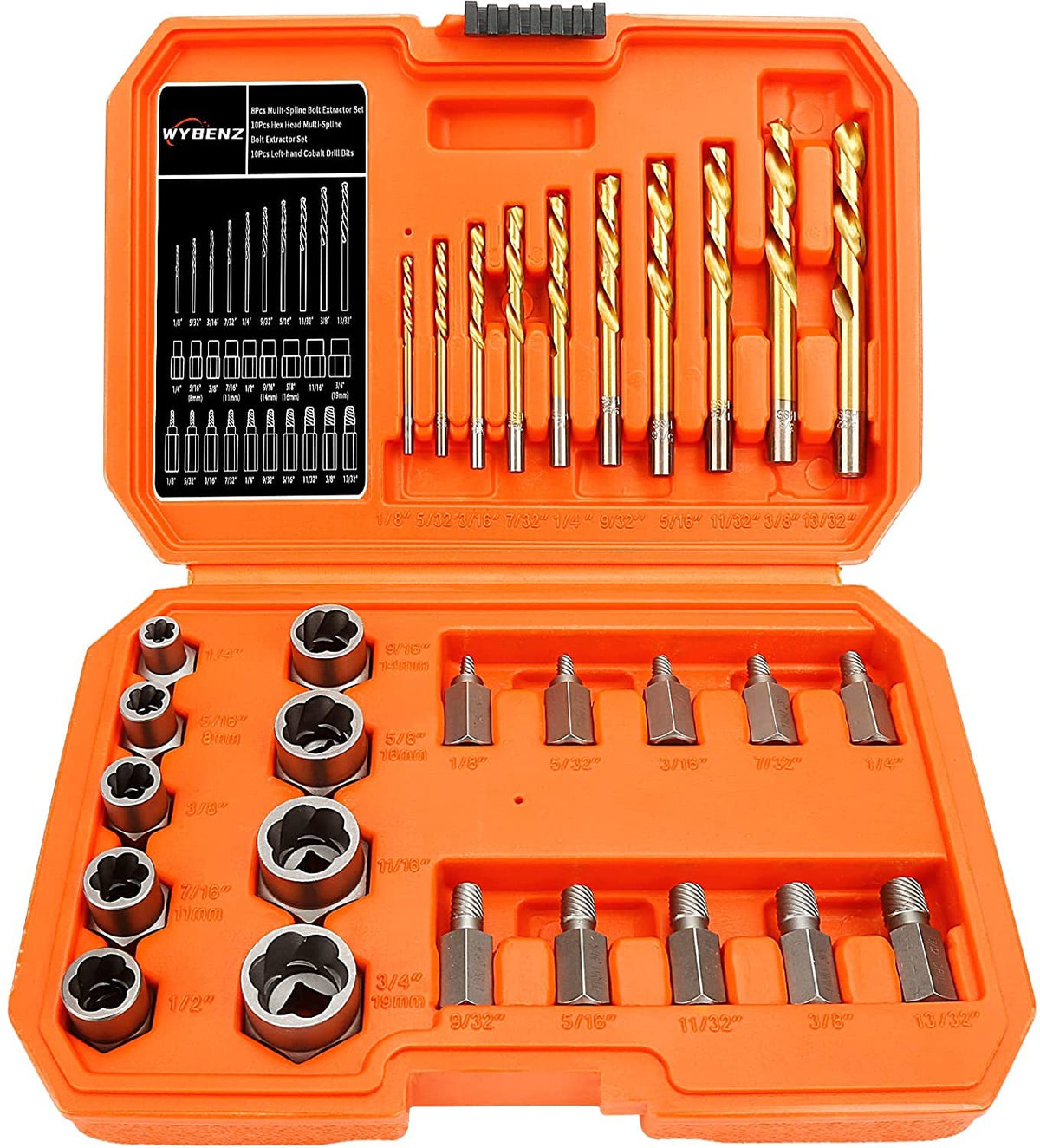 WYBENZ 29Pcs extractor set cover view for damaged fasteners removal.