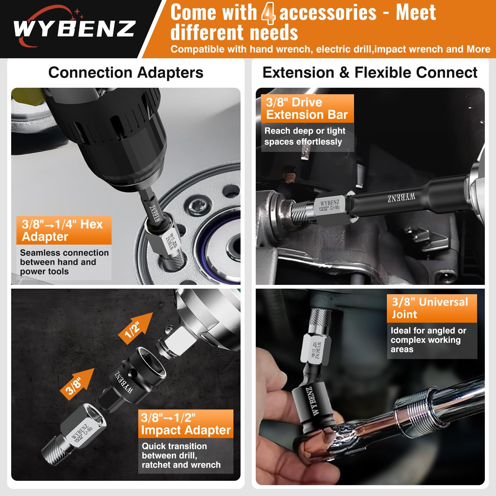 WYBENZ CR-MO steel, heat-treated finish ensures rust resistance for long-lasting tool reliability.