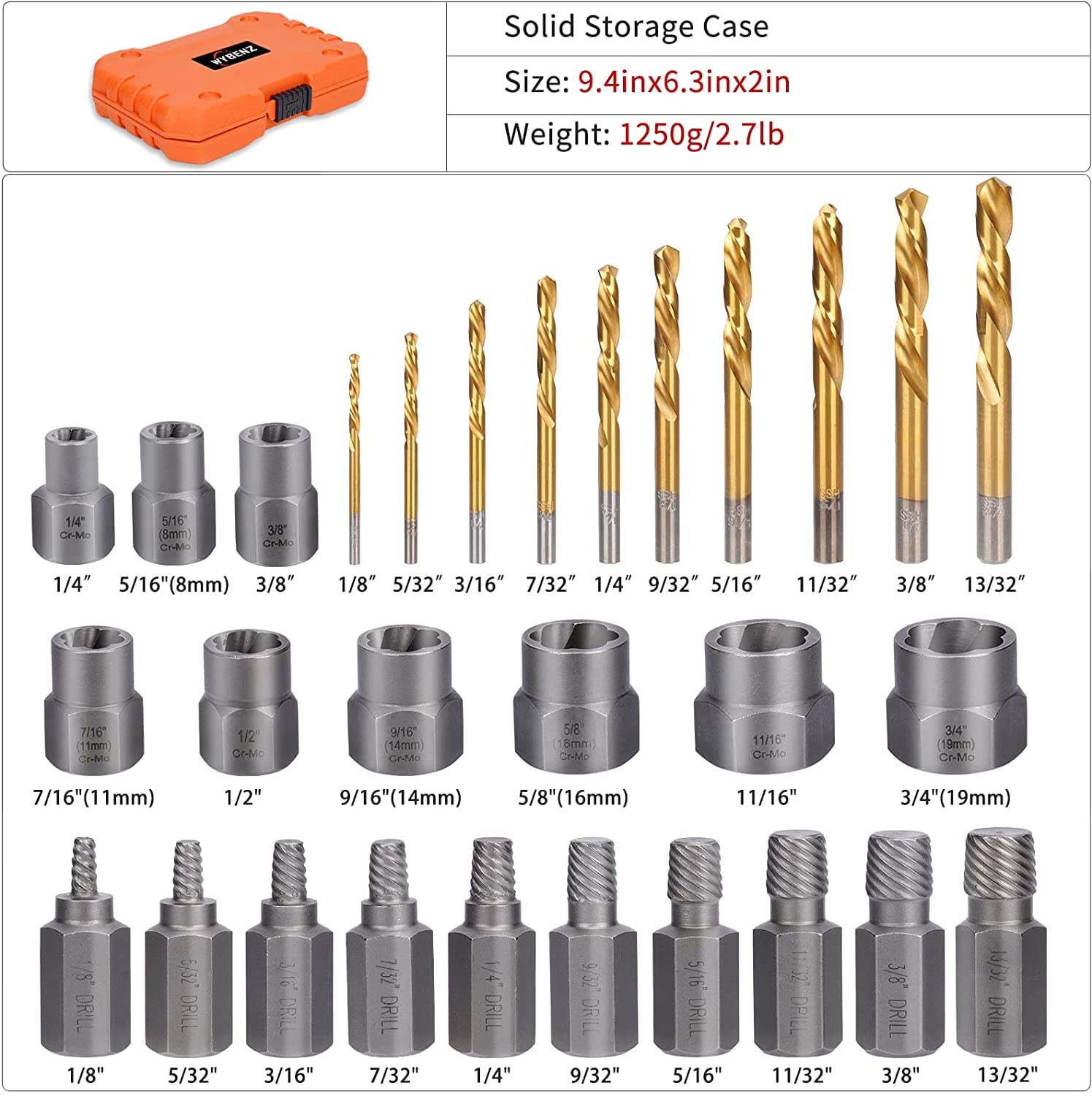 WYBENZ left-hand drill bit kit detail for tough metal fastener removal.