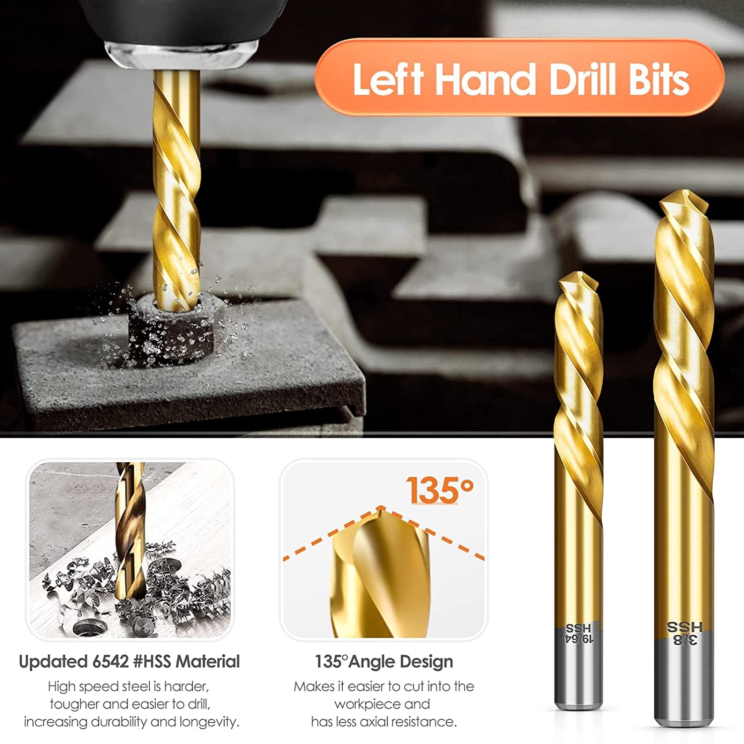 Left-hand drill bits bite into damaged metal for clean starts.