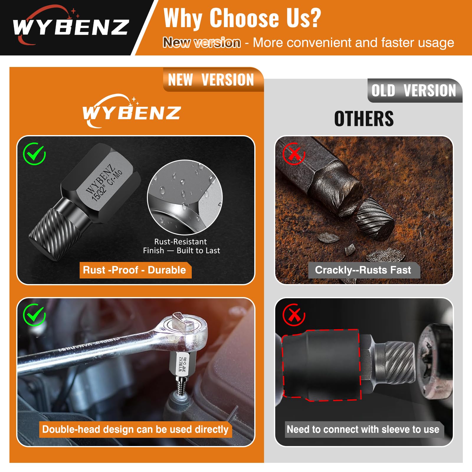 WYBENZ left-hand helical design improves grip for stubborn damaged screws.