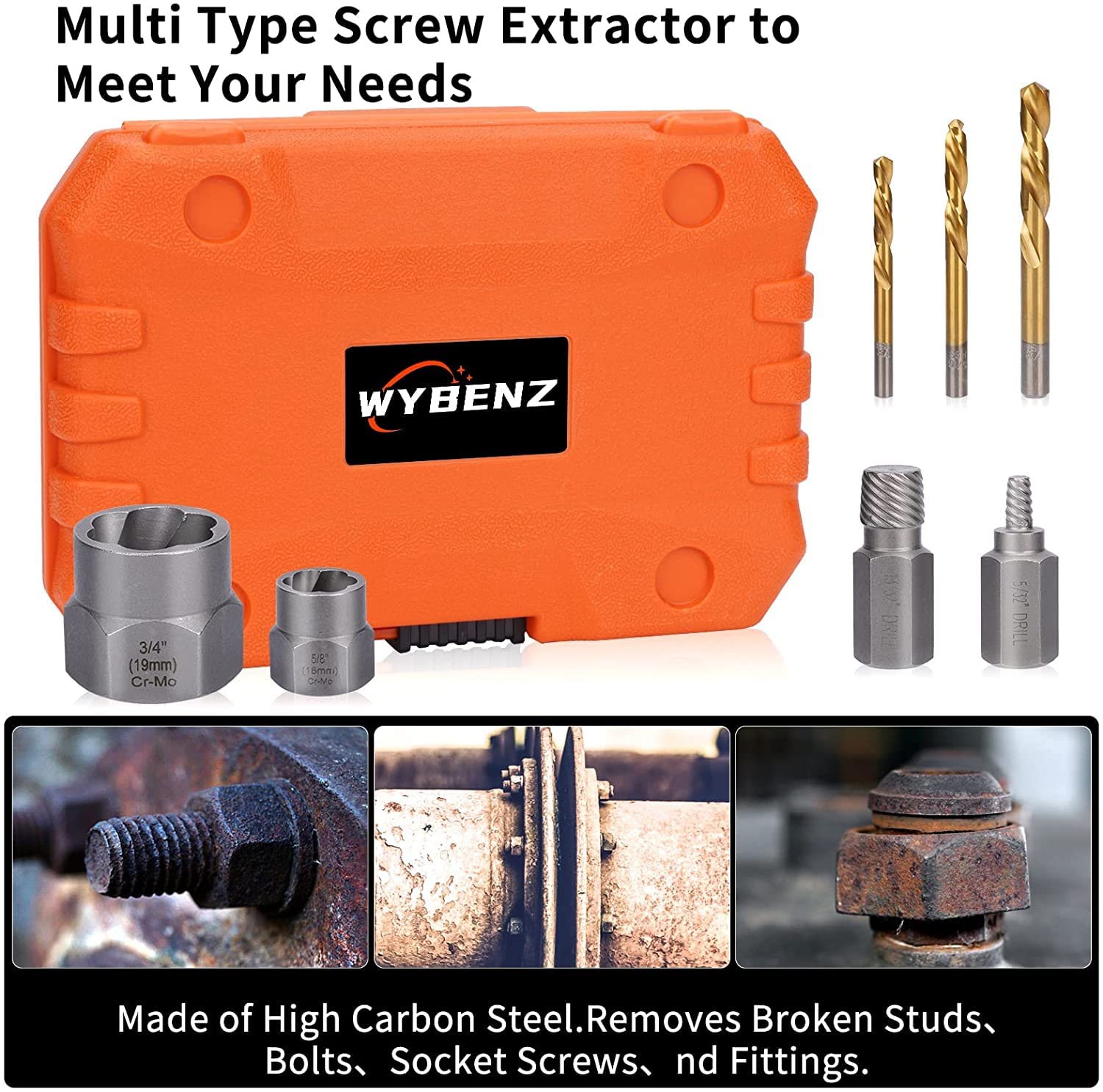 WYBENZ nut bolt extractor sizes overview from 1/4 to 5/8 inch.