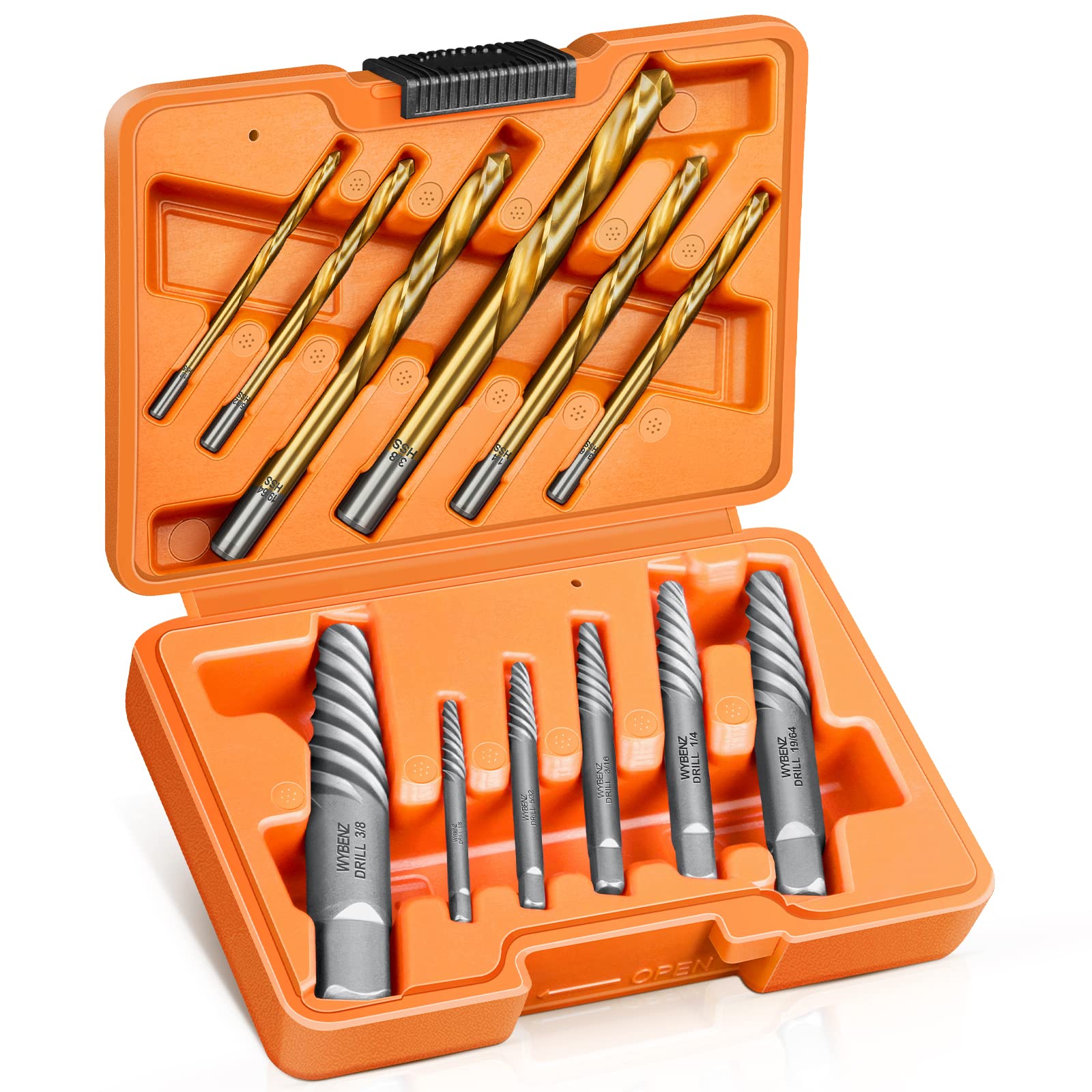 WYBENZ screw extractor set showing 12 pieces designed for quick removal of stubborn fasteners