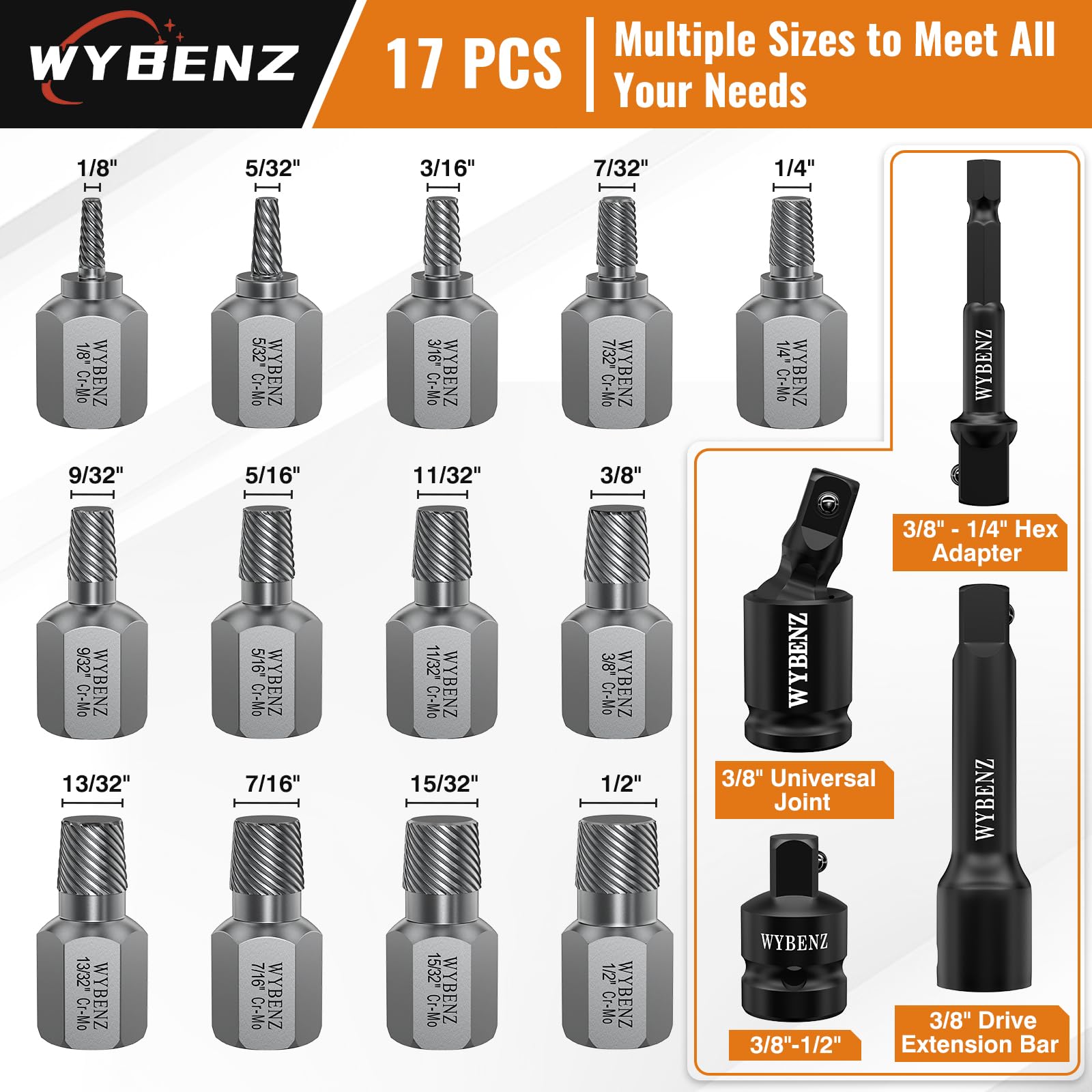 WYBENZ screw extractor sizes engraved close-up aids quick size identification during projects.