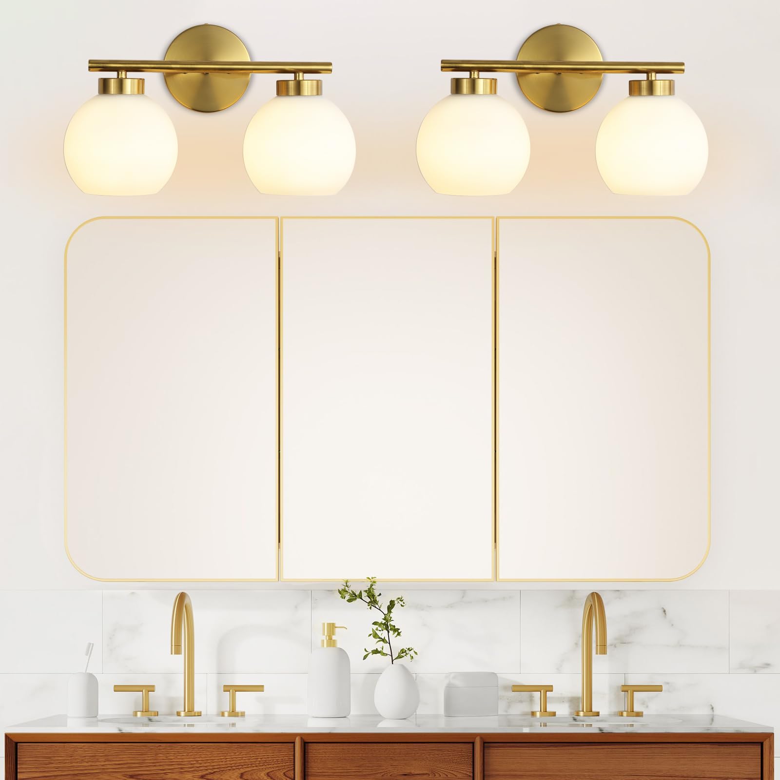 Wynterhaven vanity light with milky globe shades provides a soft, inviting glow.