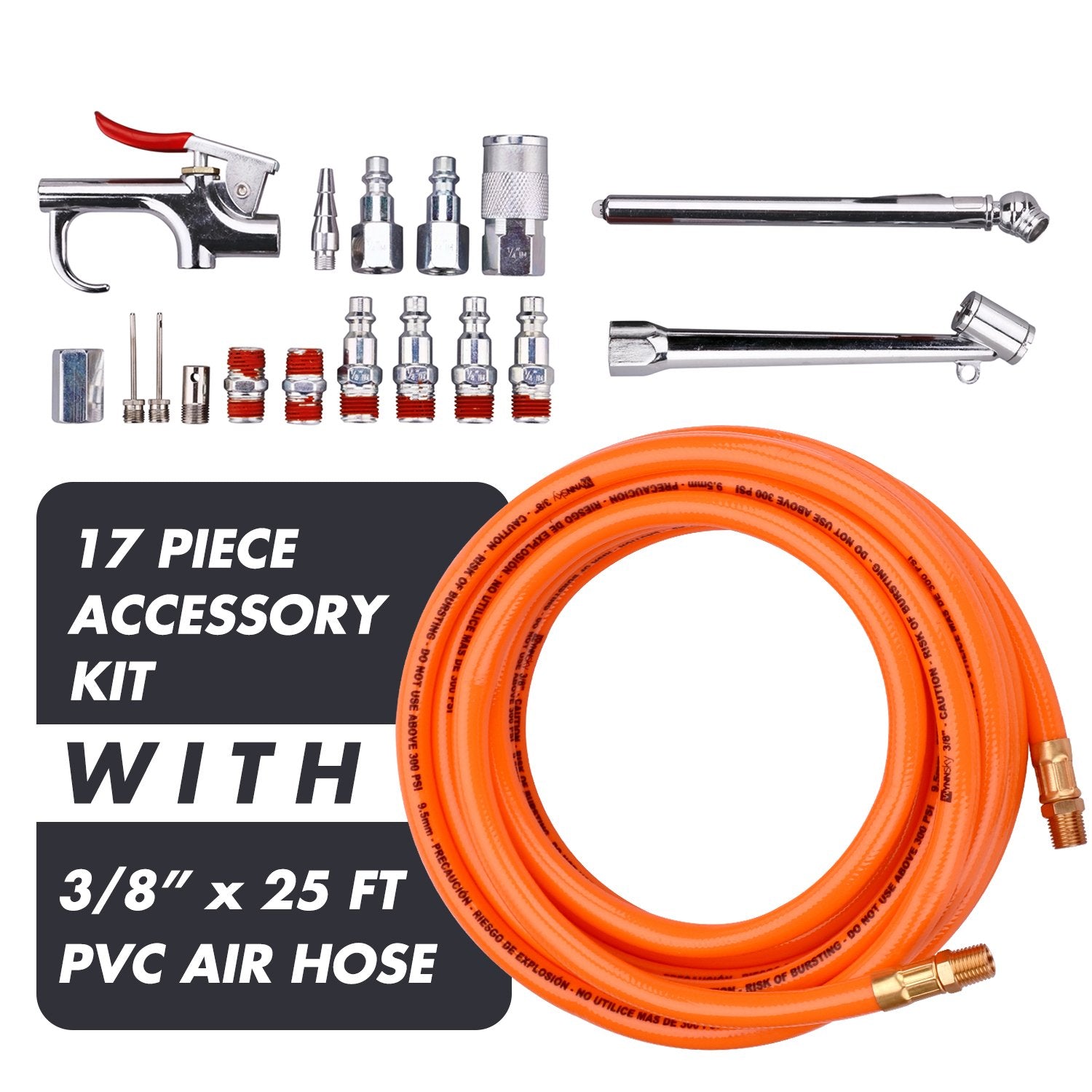 WYNNsky 17 piece air tool kit contents arranged for quick setup