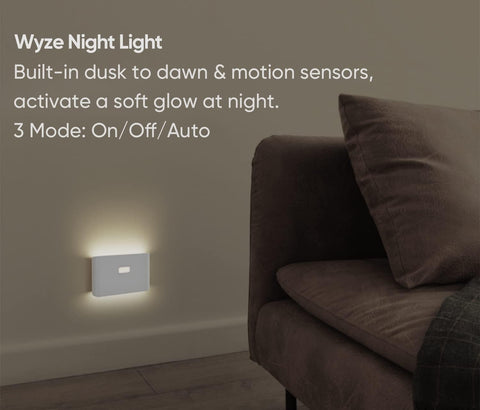 WYZE Dusk-to-dawn sensor night light activates on approach in dark rooms.