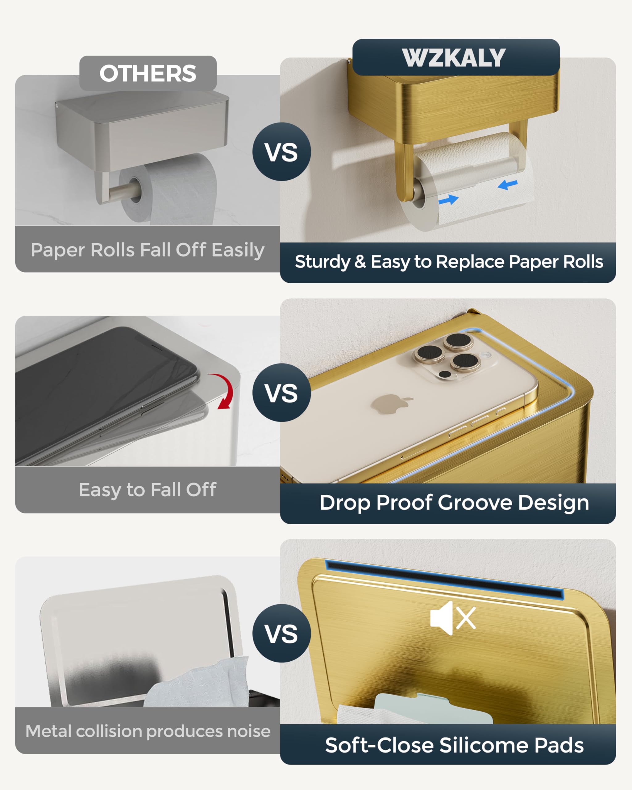 WZKALY brushed gold stainless steel finish provides rust resistance and modern style.