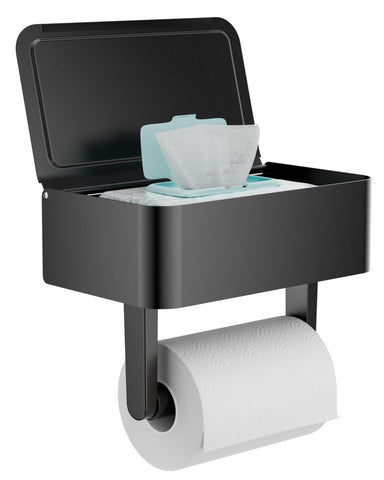 WZKALY toilet paper holder with shelf in matte black, within-reach essentials and hidden storage.
