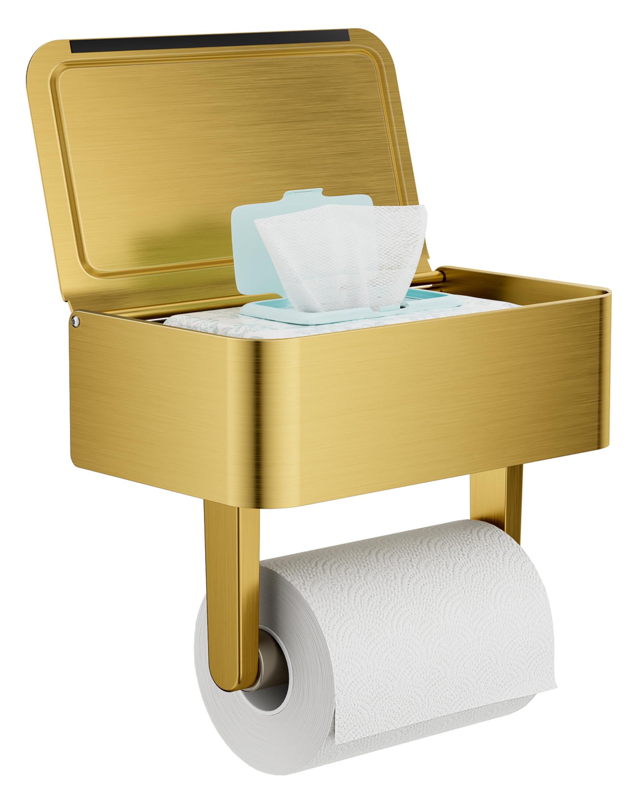 WZKALY toilet paper holder with shelf in gold keeps rolls and wipes organized.