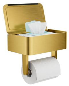 WZKALY toilet paper holder with shelf in gold keeps rolls and wipes organized.