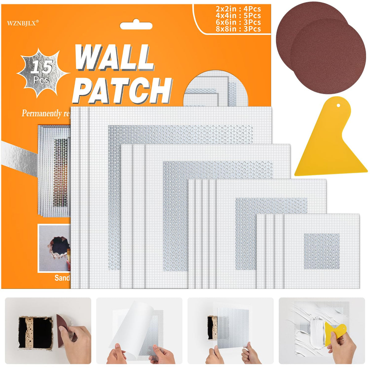 WZNBJLX wall patch kit with adhesive mesh for quick 2x2 inch repairs.
