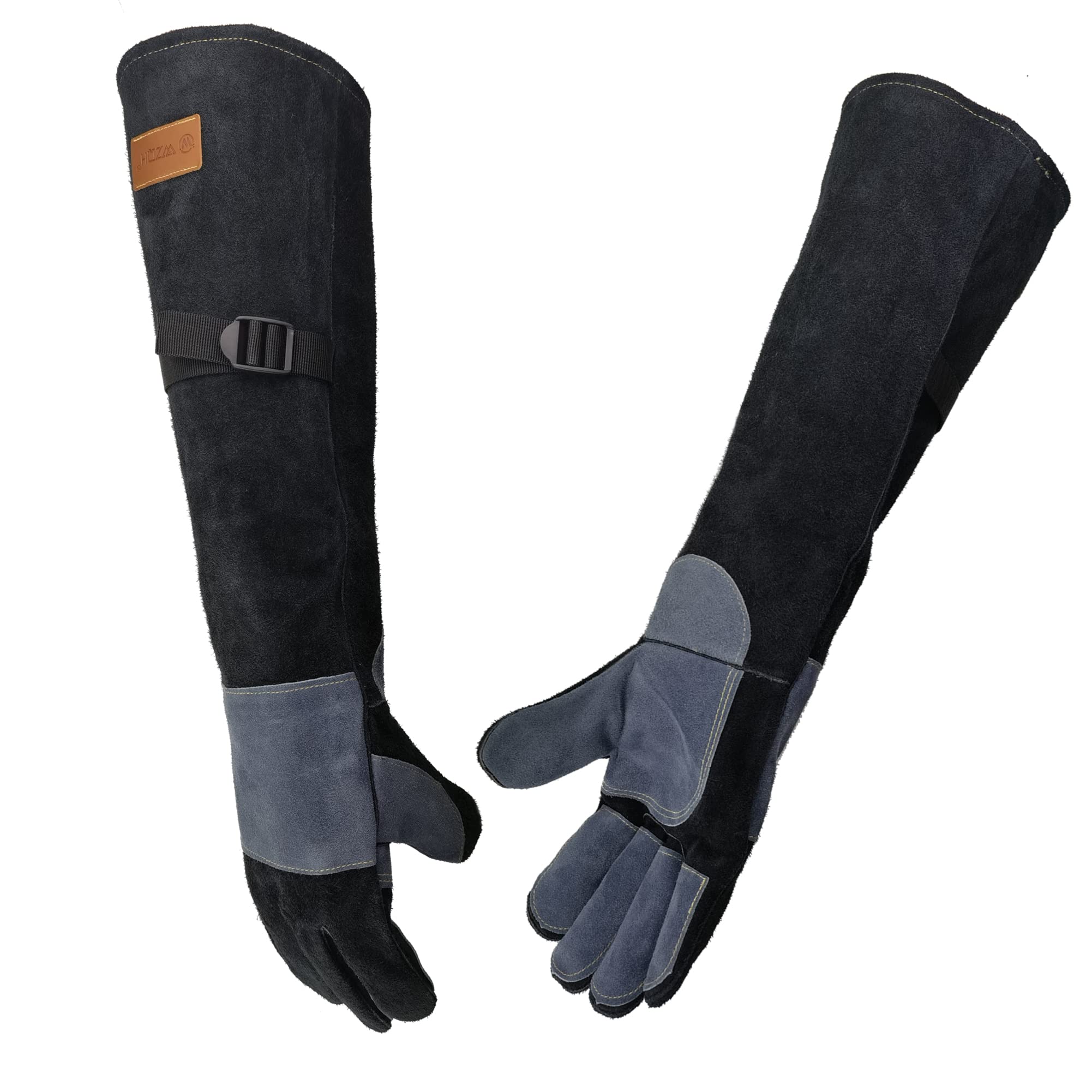 WZQH leather gloves close-up showing bite-proof protection for animals