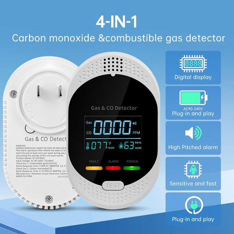 X-BFSMTH 4-in-1 detector digital display shows gas and CO levels.