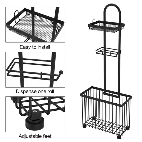 X-cosrack freestanding holder in a bathroom scene with black finish