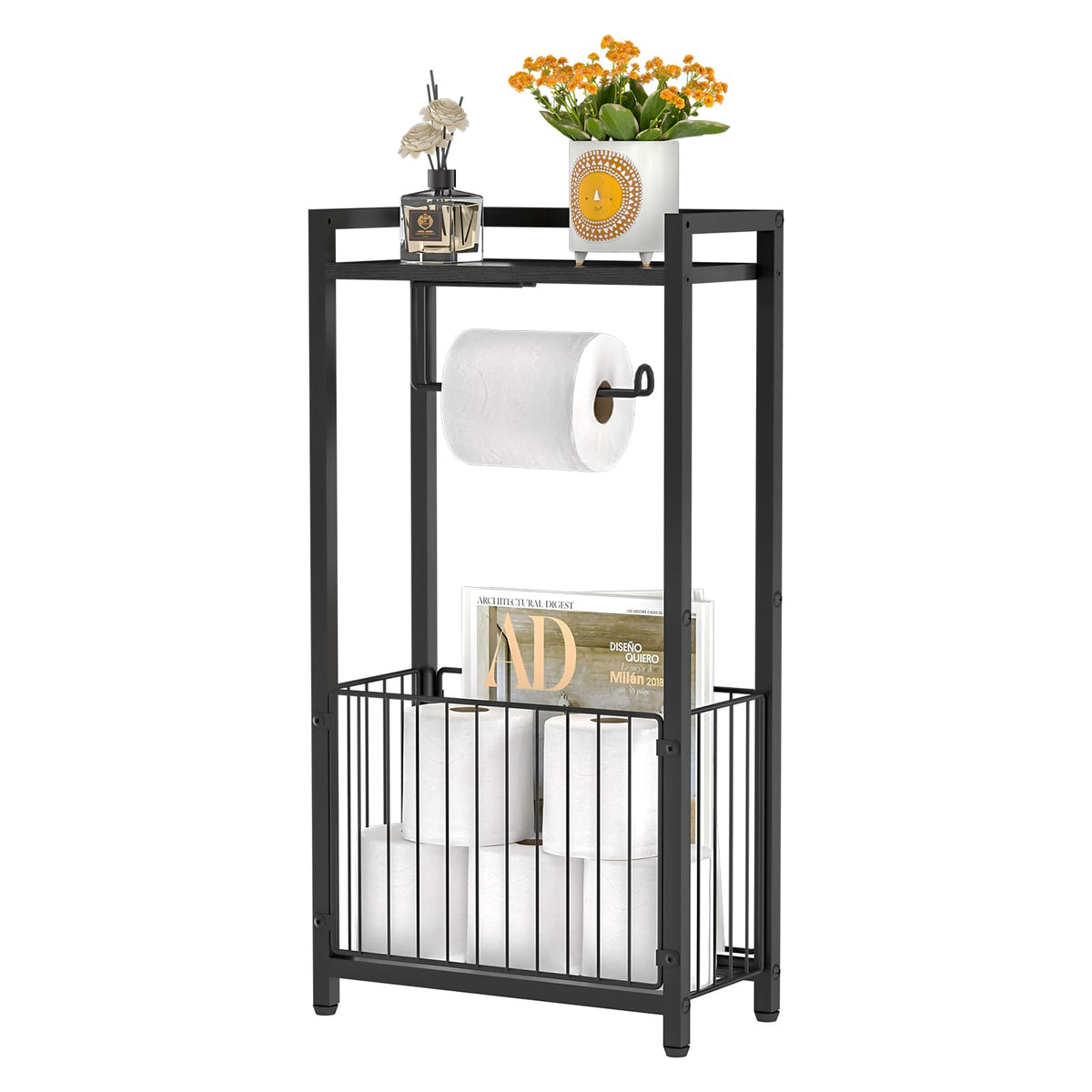 X-cosrack freestanding toilet paper holder with storage shelf keeps essentials within reach.