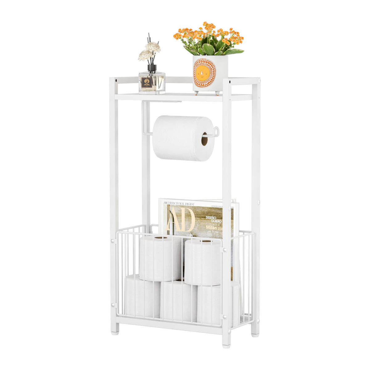 X-cosrack freestanding toilet paper holder with shelf shows modern design for tidy bathrooms