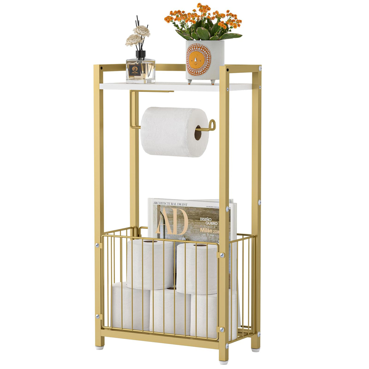 X-cosrack toilet paper holder with storage shelf, front view, keeps rolls organized.