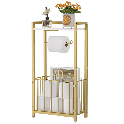 X-cosrack toilet paper holder with storage shelf, front view, keeps rolls organized.