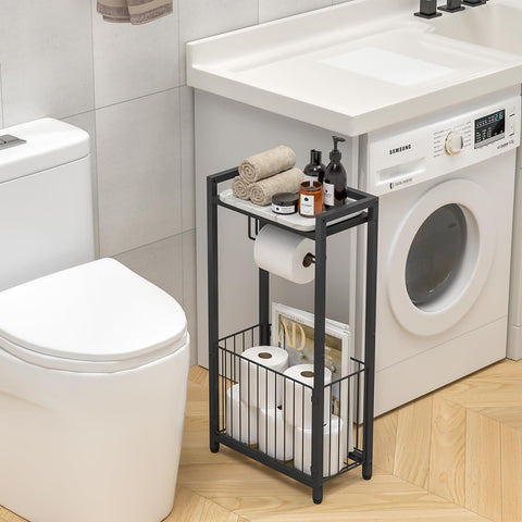 X-cosrack toilet paper stand with phone slot for hands-free convenience.