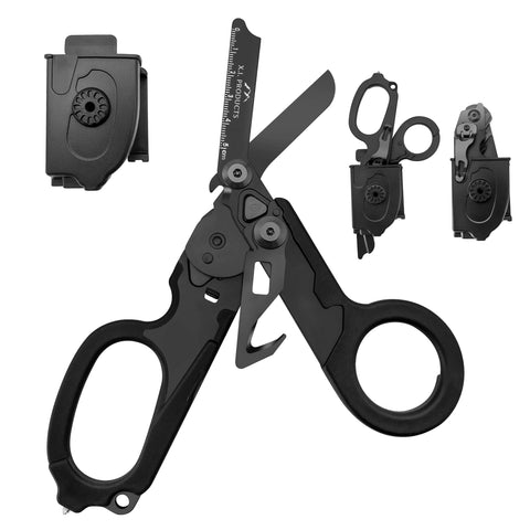 X.I. Products 6-in-1 foldable trauma shears in carbon black for versatile emergencies.