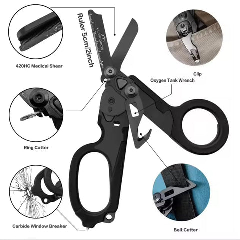 X.I. Products folded compact trauma shears fit easily in a bag or pocket.
